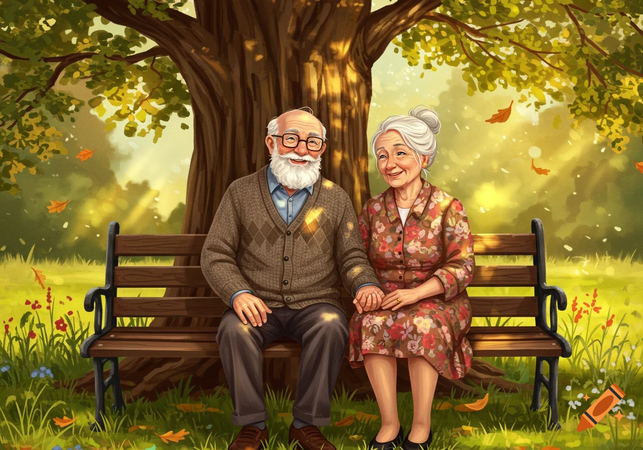 An elderly couple smiles, holding hands on a park bench under a large autumn tree, with falling leaves in an illustrated style.