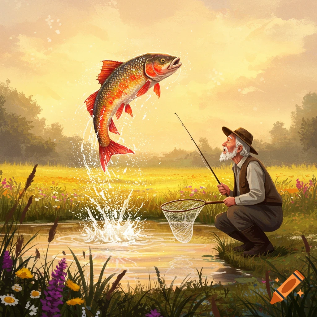 An old man in a meadow by a stream looks up in surprise as a large, colorful fish leaps out of the water, a fishing net in hand, in an illustrated style.