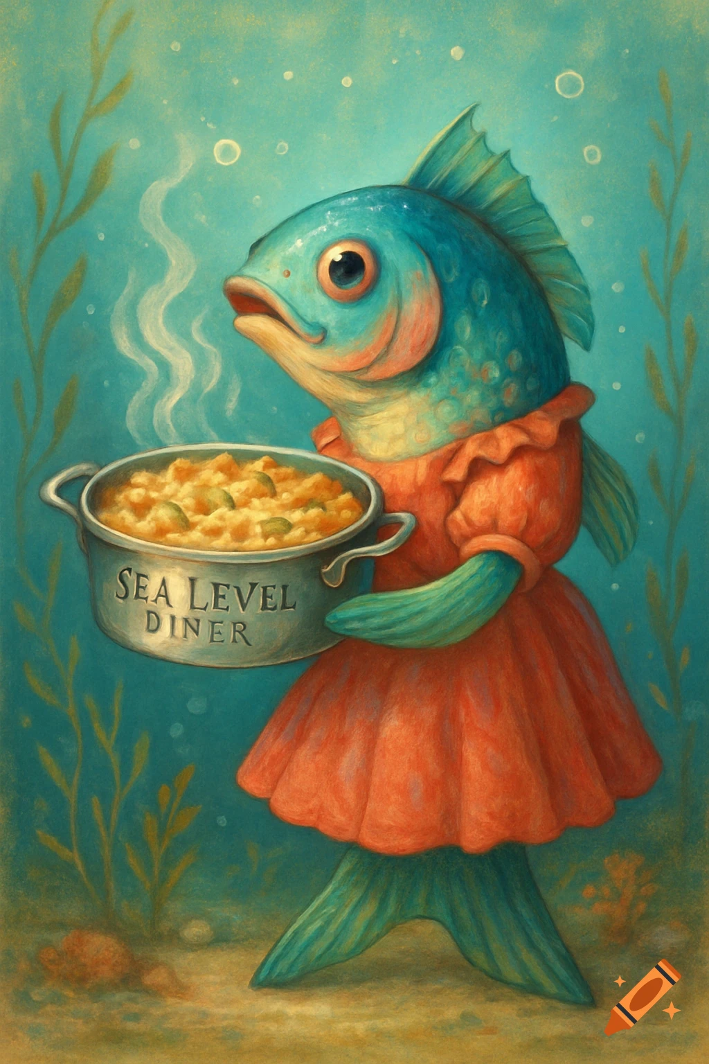 An anthropomorphic fish in an orange dress holds a steaming pot of casserole labeled "SEA LEVEL DINER" underwater, in an illustrative style.