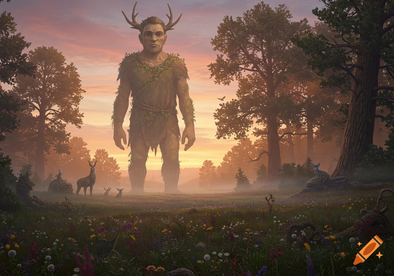 A giant, ancient-looking tree spirit with antlers stands in a misty forest meadow at sunrise, with deer grazing.