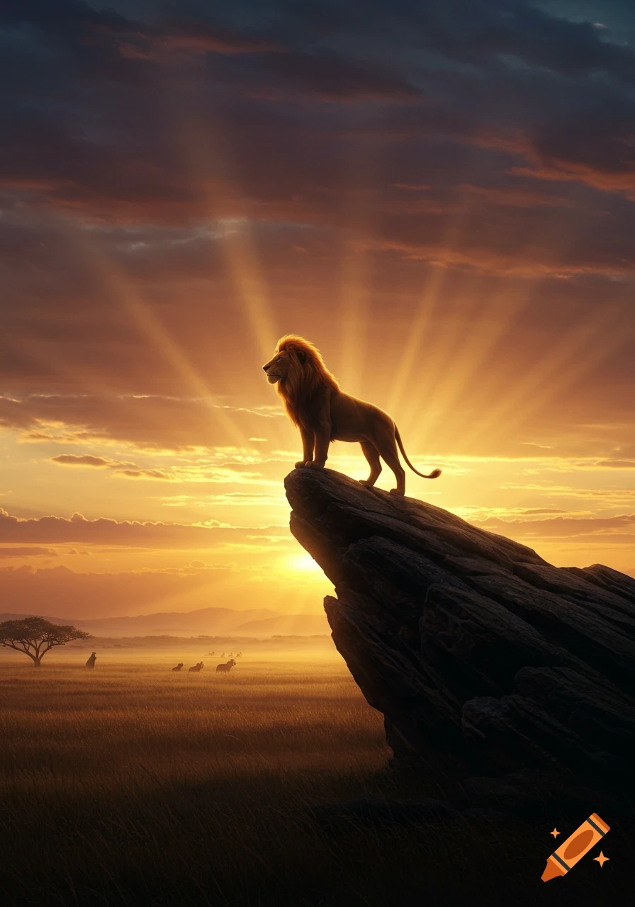 A majestic lion stands on a prominent rock cliff, silhouetted against a radiant sunrise with golden rays over a vast savanna.