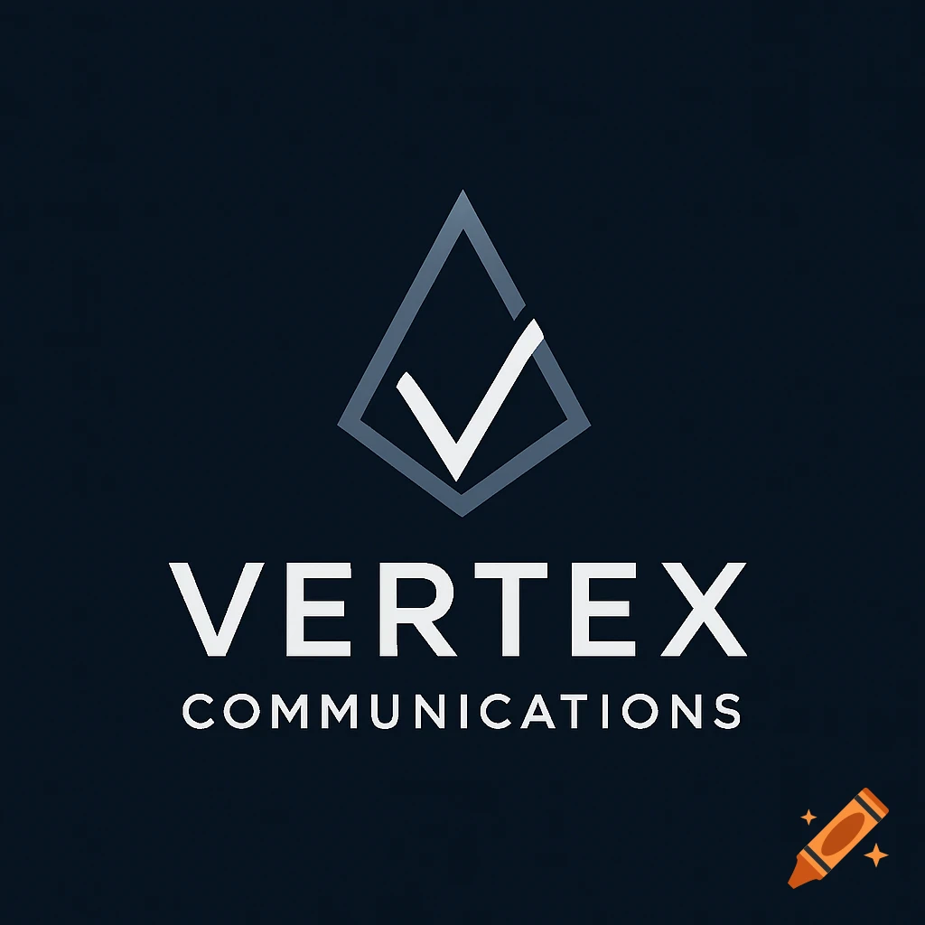 Modern logo for 'Vertex Communications' with a geometric diamond and checkmark symbol in corporate blue, grey, and white.