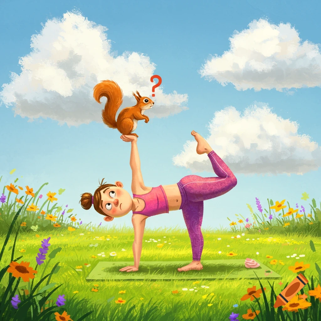 Cartoon illustration of a woman in yoga clothes balancing on one hand with a squirrel and question mark on the other in a meadow.