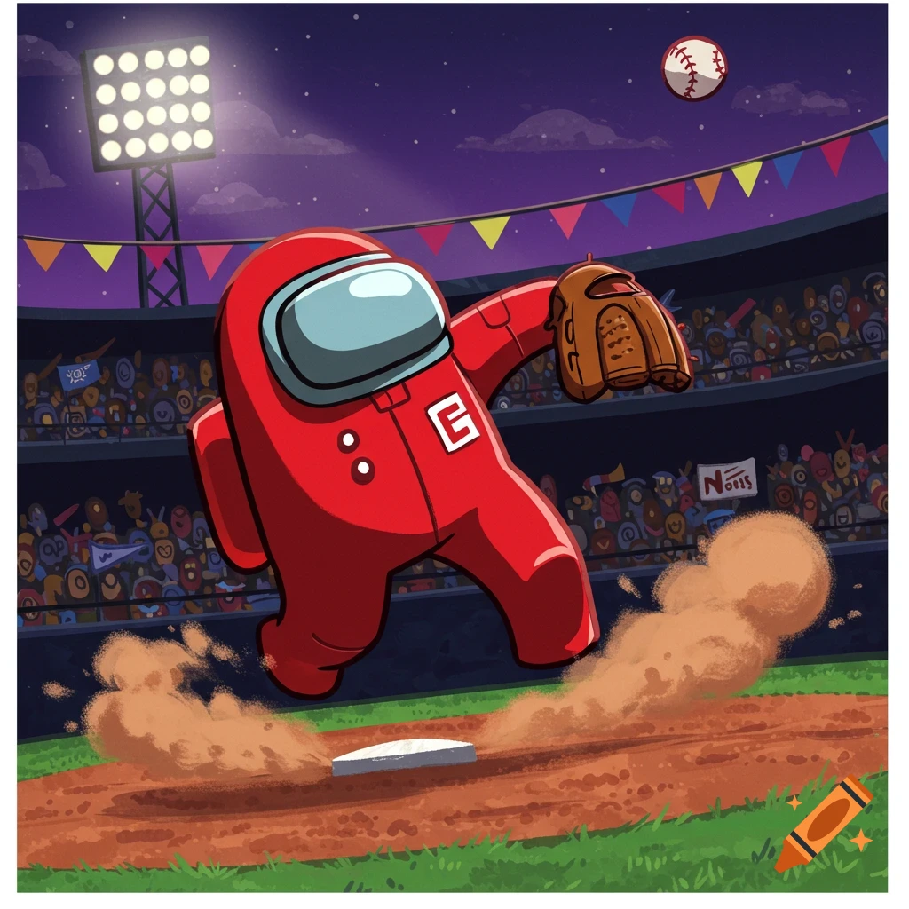 A red Among Us character wearing a baseball mitt slides into a base, kicking up dust on a baseball field under stadium lights at night, with a baseball flying overhead and a cheering crowd in the background.