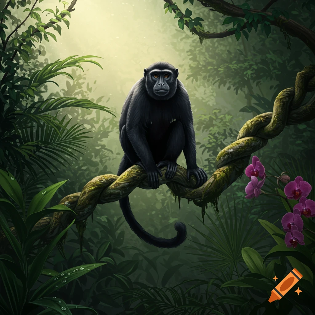 A black monkey with golden eyes sits on a thick, mossy vine in a lush jungle with purple orchids.