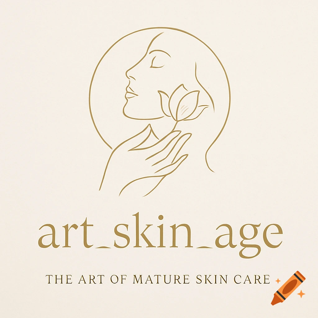 A minimalist golden line art logo on a beige background featuring a woman's profile, a hand holding a lotus flower, and the text 'art_skin_age' and 'THE ART OF MATURE SKIN CARE'.