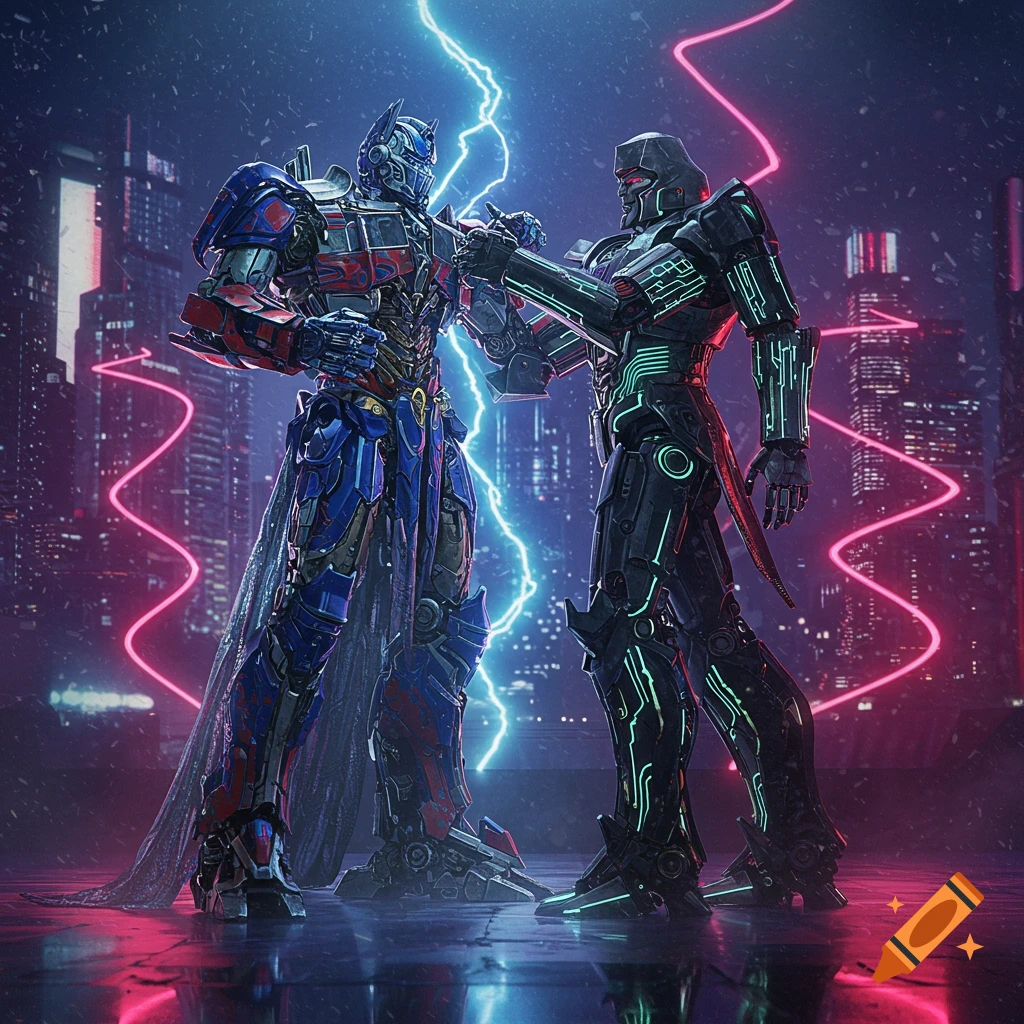 Optimus Prime in blue and red armor with a cape faces Megatron in black neon armor, electricity between them in a cyberpunk city.