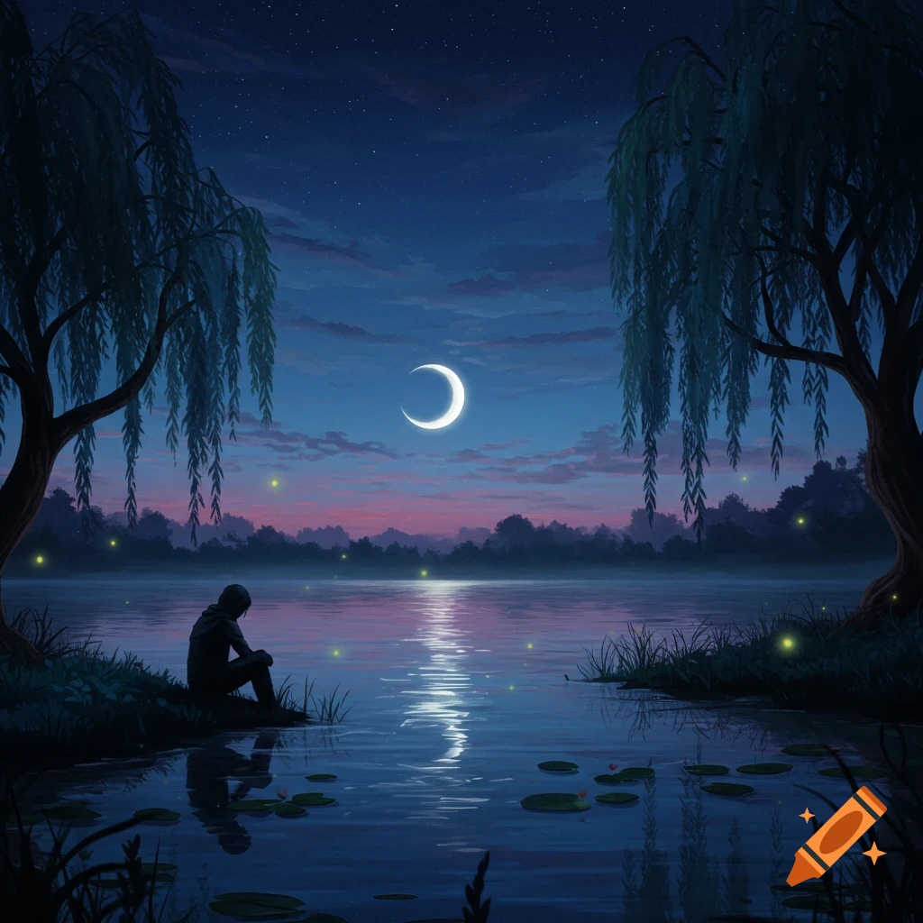 A solitary figure sits by a lake under a crescent moonlit night, surrounded by willow trees and fireflies. Blue and pink sky.
