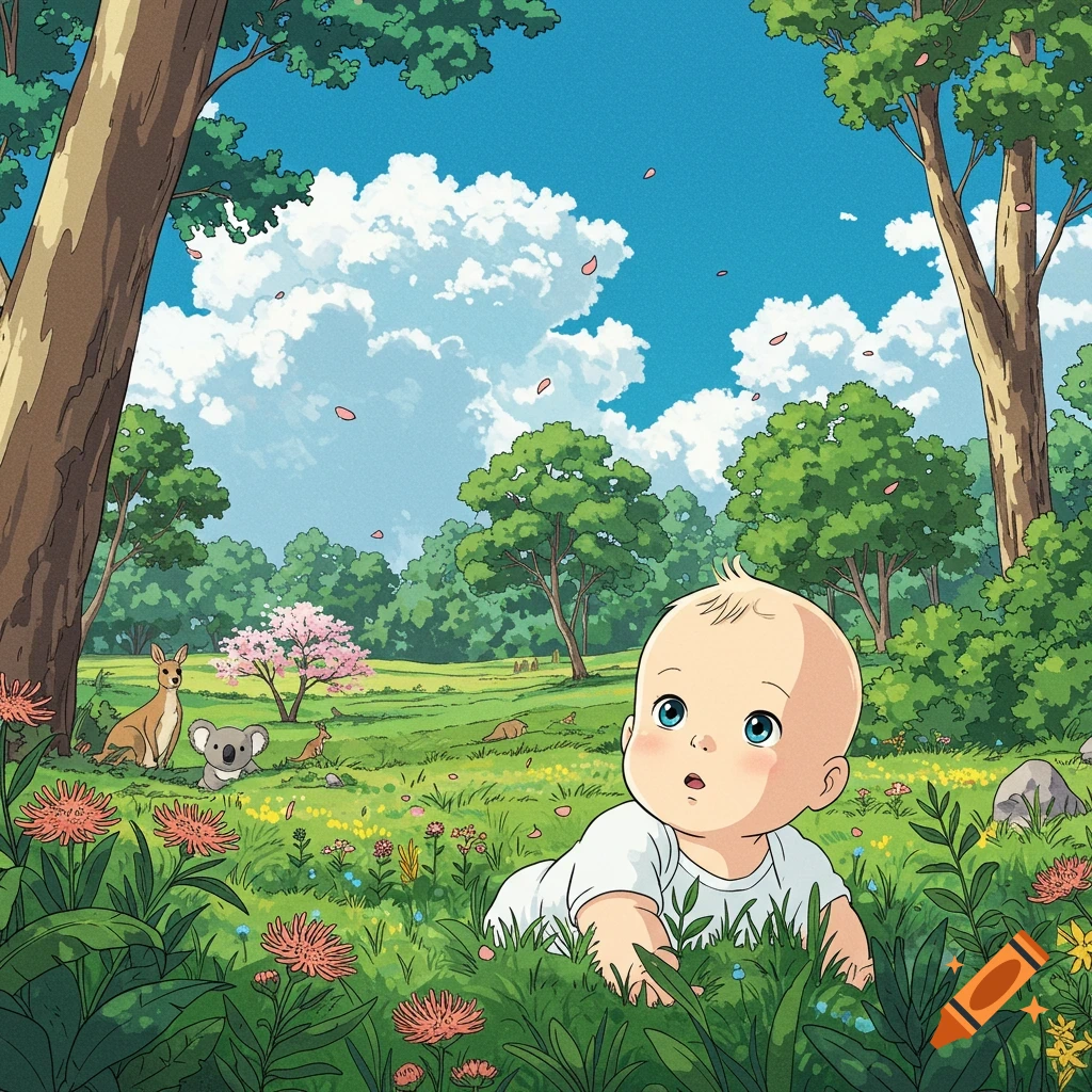 Blond baby with blue eyes crawling in a vibrant green field with flowers, kangaroos, a koala, and trees under a cloudy blue sky, in a Studio Ghibli anime style.