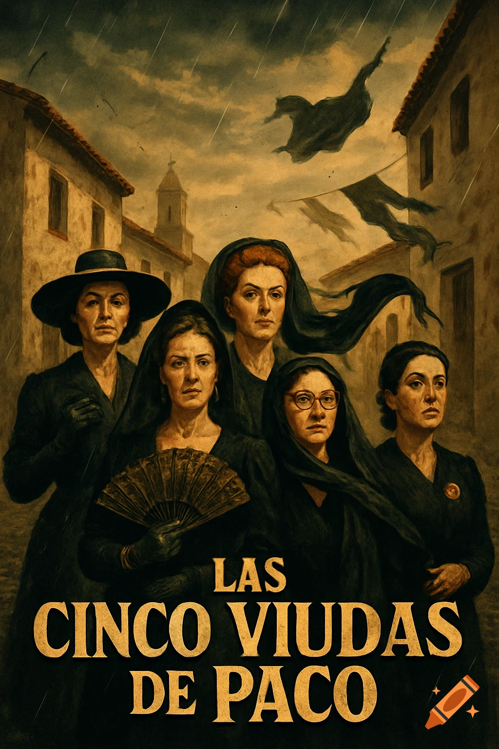 Movie poster for 'LAS CINCO VIUDAS DE PACO' showing five solemn women in black in a rainy, old Spanish town.