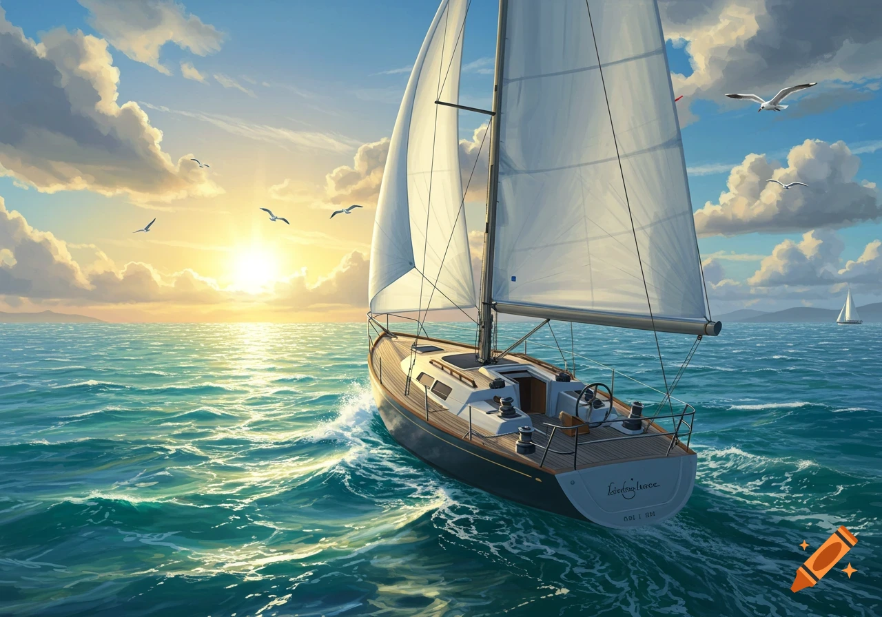 A sailboat with white sails glides across a turquoise ocean at sunset, with gulls flying and clouds in the sky.