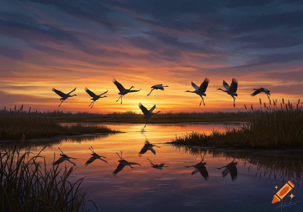 Silhouettes of cranes landing over a reflective wetland at vibrant sunset with orange and purple skies, surrounded by reeds, in a painterly style.