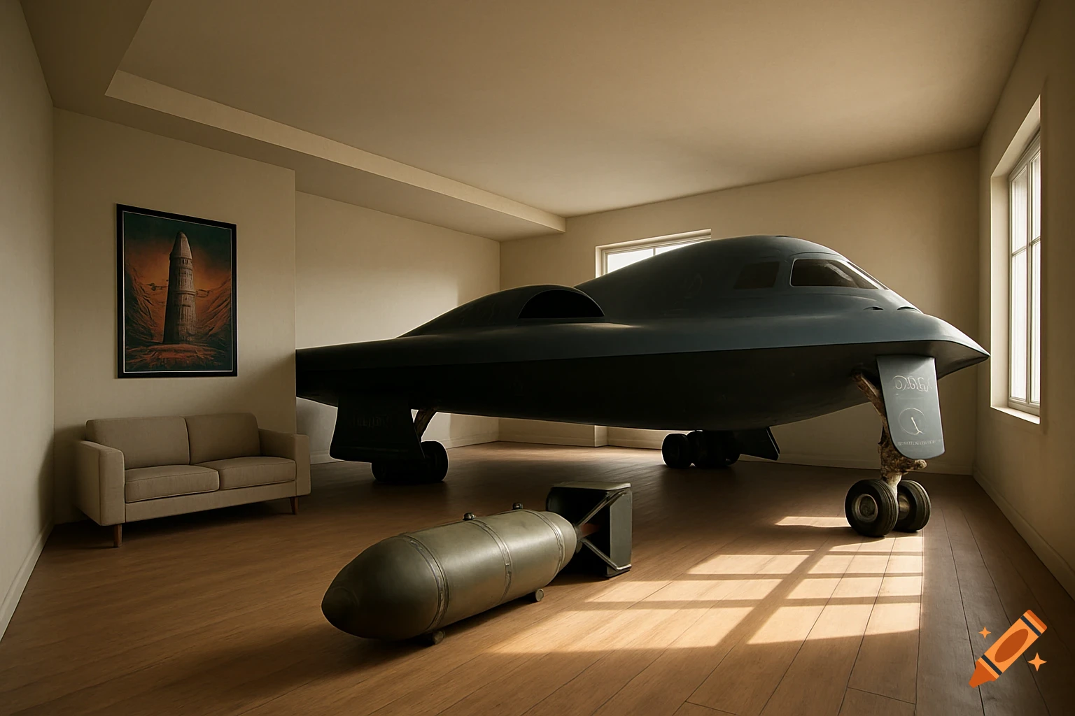 Photorealistic image of a B-2 bomber and a bomb in a residential room with a sofa and a rocket poster on the wall.