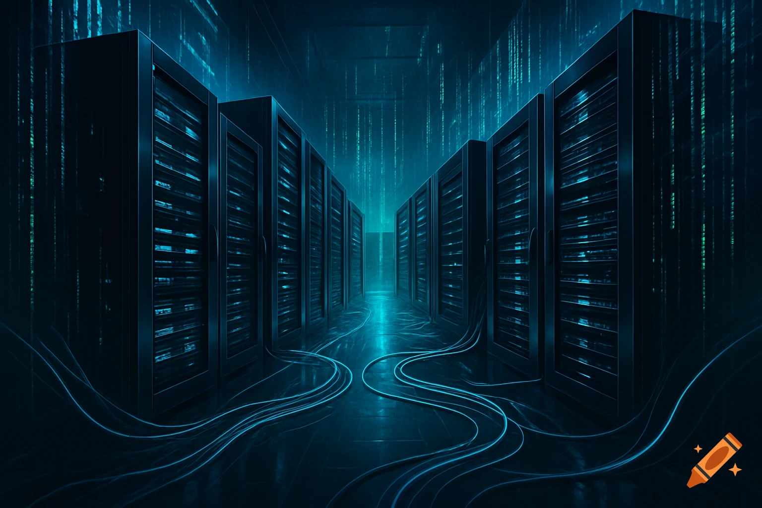 Futuristic data center with glowing blue server racks and digital code falling in the background.