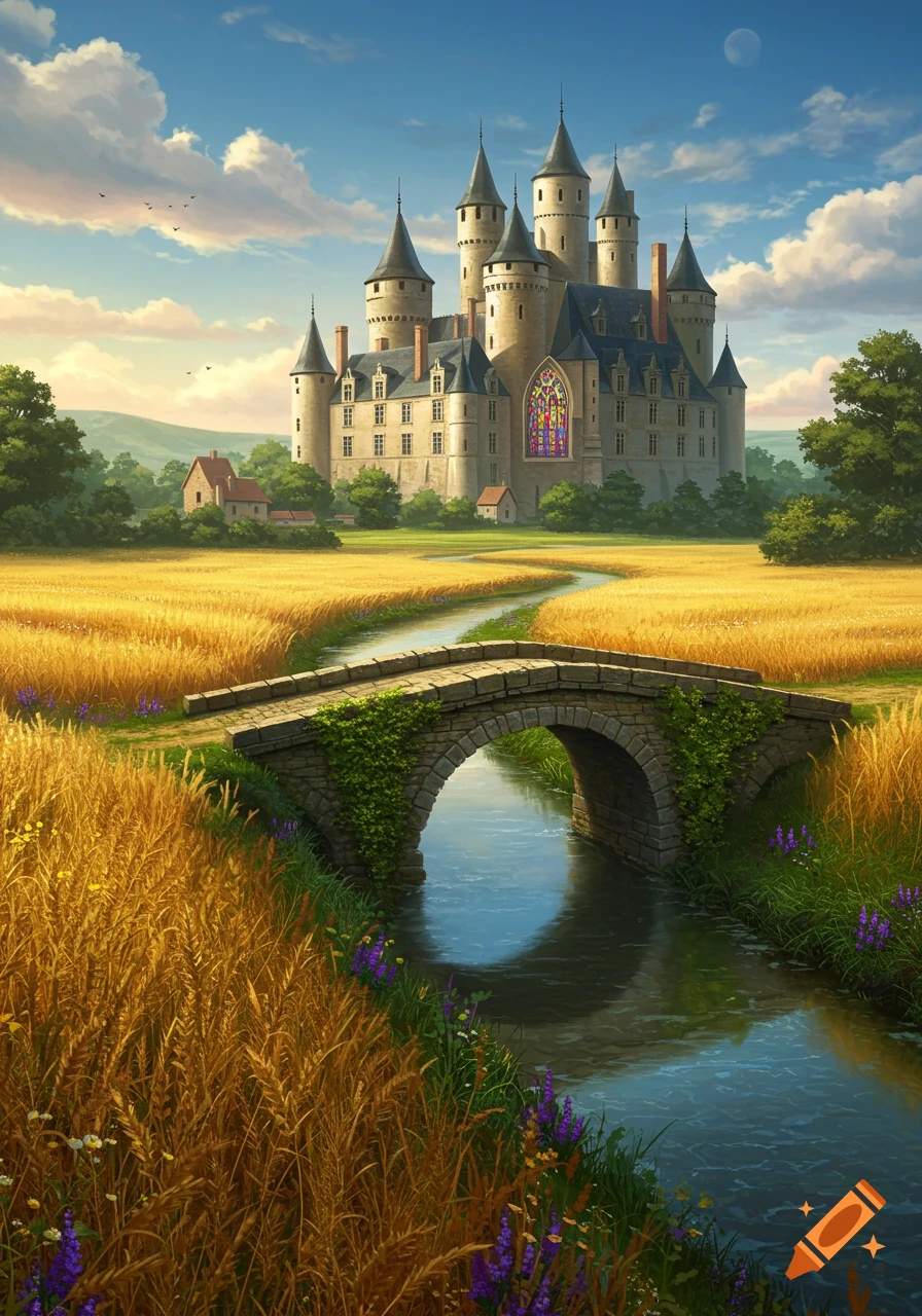 A grand fantasy castle overlooks a golden wheat field with a stone bridge over a winding river under a sunny sky.