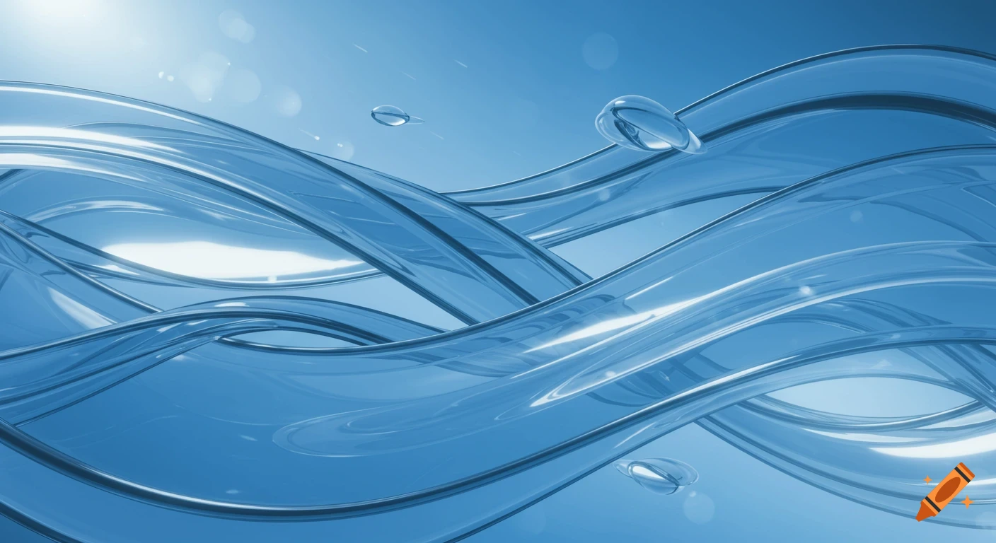 Abstract wavy blue translucent shapes with reflections and small floating droplets on a blue gradient background.