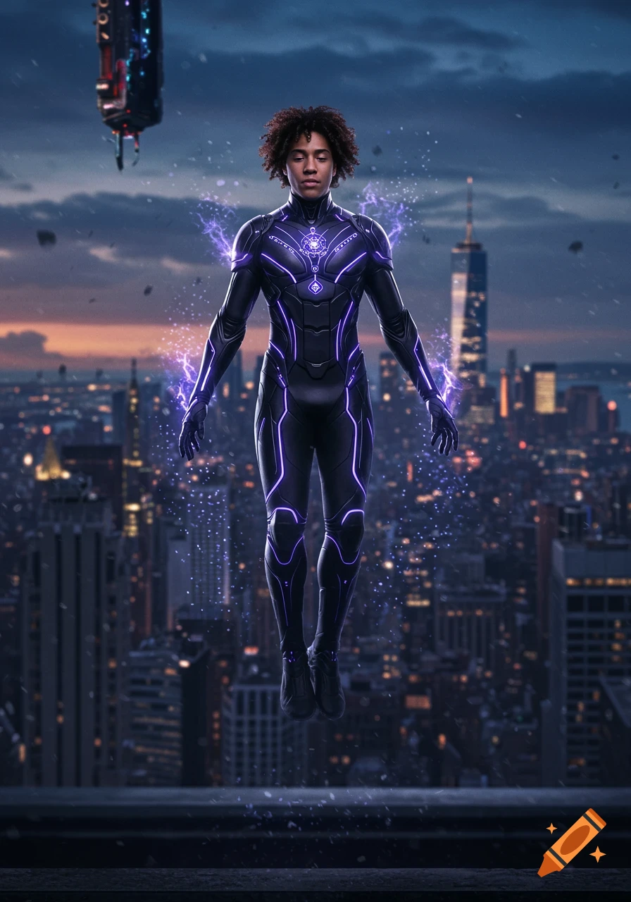 A young man in black and violet glowing armor hovers above a futuristic New York city skyline at dusk in a hyper-realistic style.