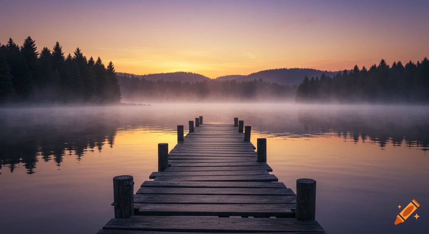 A long wooden pier stretches into a misty lake at sunrise or sunset, surrounded by a dark forest under a colorful sky.