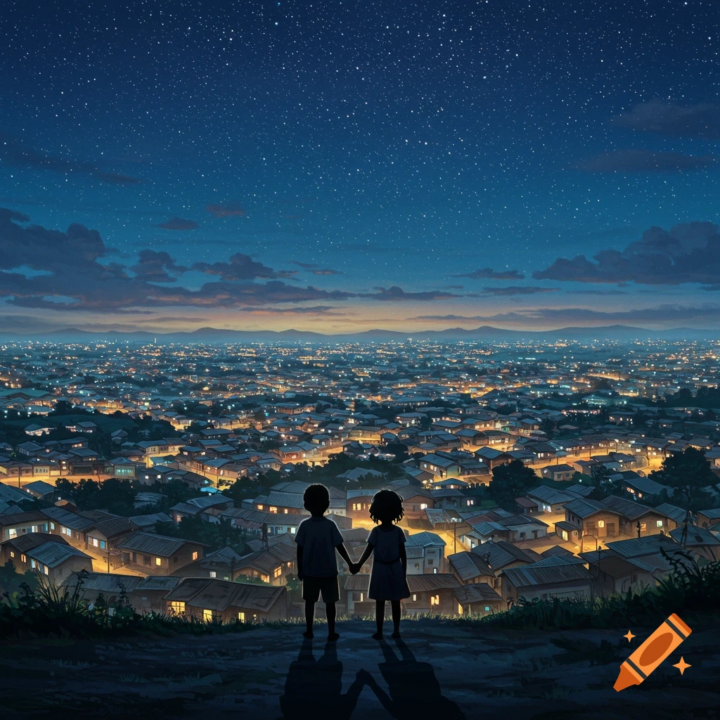 Illustrated view of two children holding hands, looking over a vast, illuminated city at night under a starry sky.