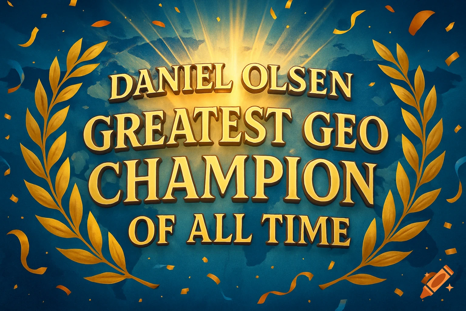 Golden laurel wreath and text "DANIEL OLSEN GREATEST GEO CHAMPION OF ALL TIME" on a blue background with confetti and light.