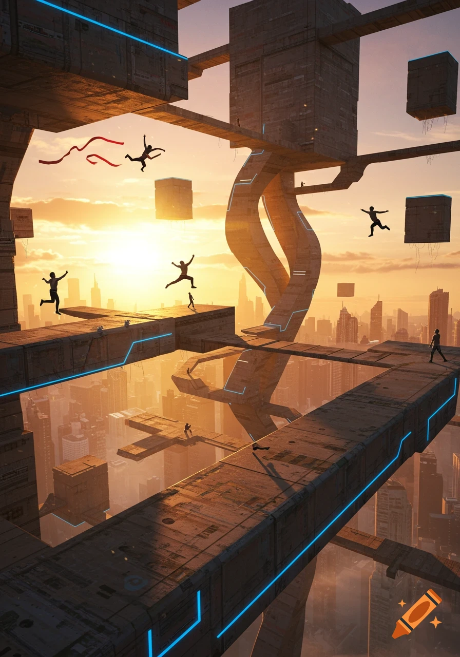 Silhouettes of people doing parkour on an impossible futuristic course of concrete platforms with blue neon lights, high above a city skyline at sunset.