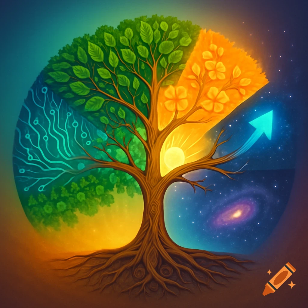 A vibrant tree forms a circle, with its canopy and roots dividing it into four quadrants representing nature, technology, and space.