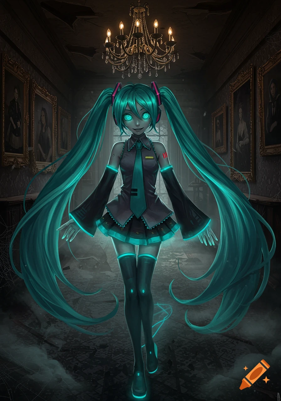 Hatsune Miku, with glowing teal eyes and outfit accents, stands in a dark, derelict gothic mansion under a chandelier. She has an eerie smile and her long teal pigtails flow around her, with spiderwebs in the foreground.