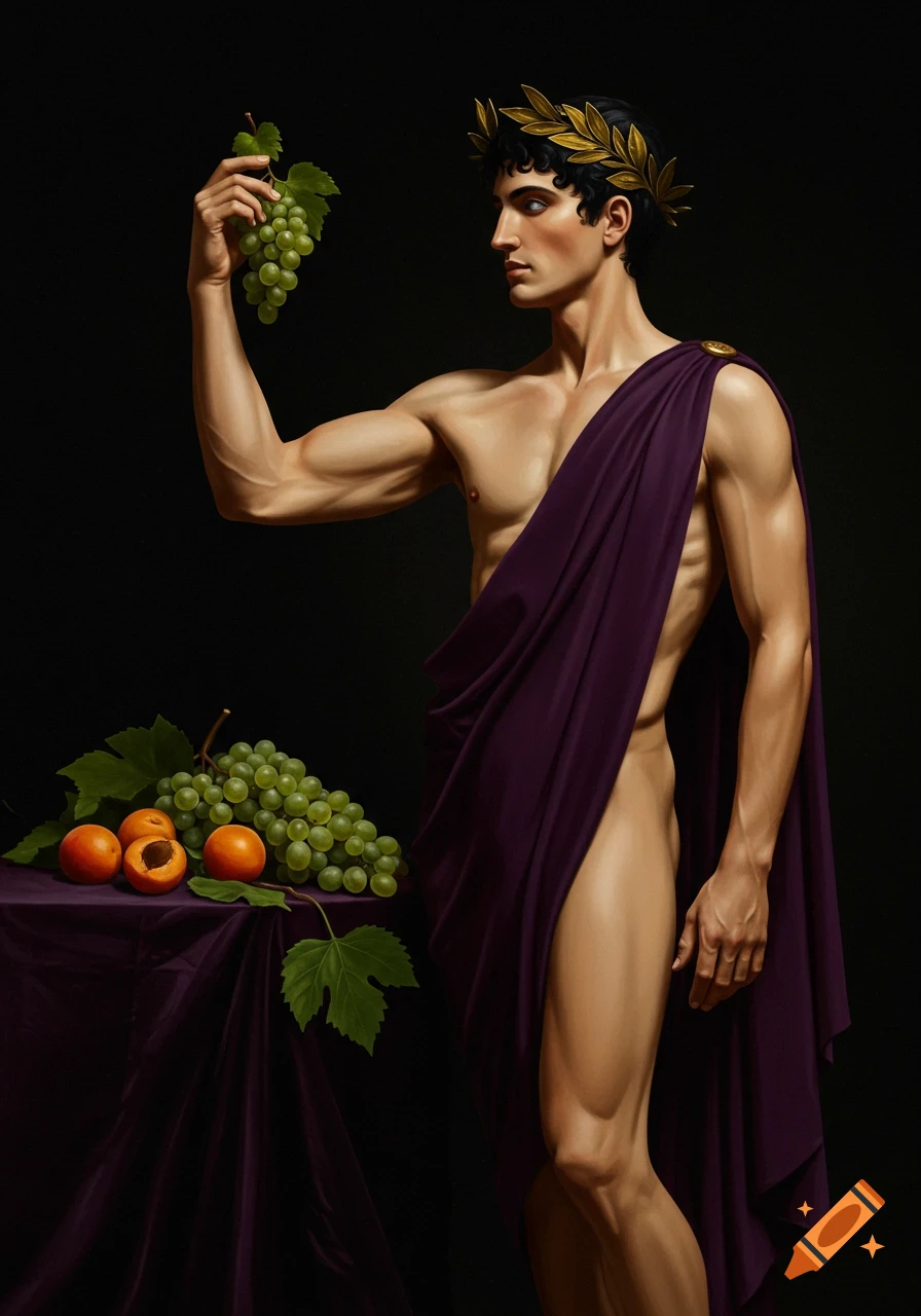 A classically-styled male figure with a laurel wreath and purple toga holds grapes, standing next to a table with fruit against a dark background.