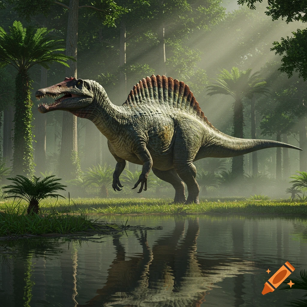 A photorealistic Spinosaurus stands in a misty jungle next to a reflective pool, with sun rays filtering through the trees.