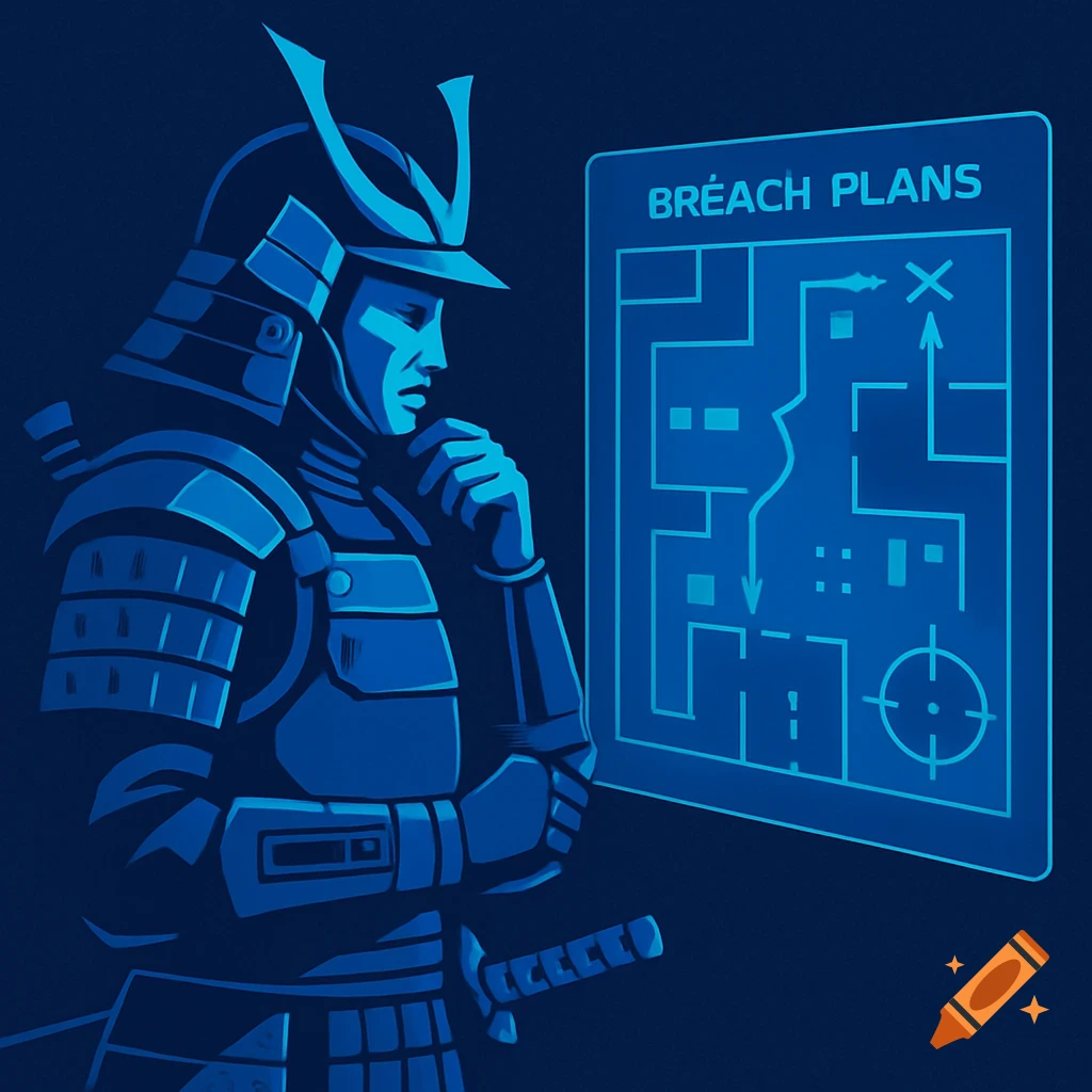 Blue illustration of a technofeudalist samurai in armor looking at a hologram displaying a 'BREACH PLANS' map.