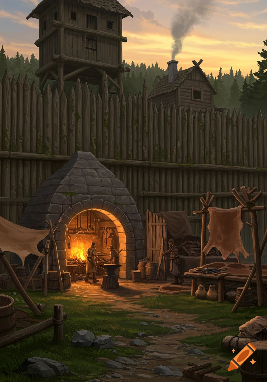 A detailed medieval scene of a fortified village with a blacksmith's forge, watchtower, and other workshops at sunset.
