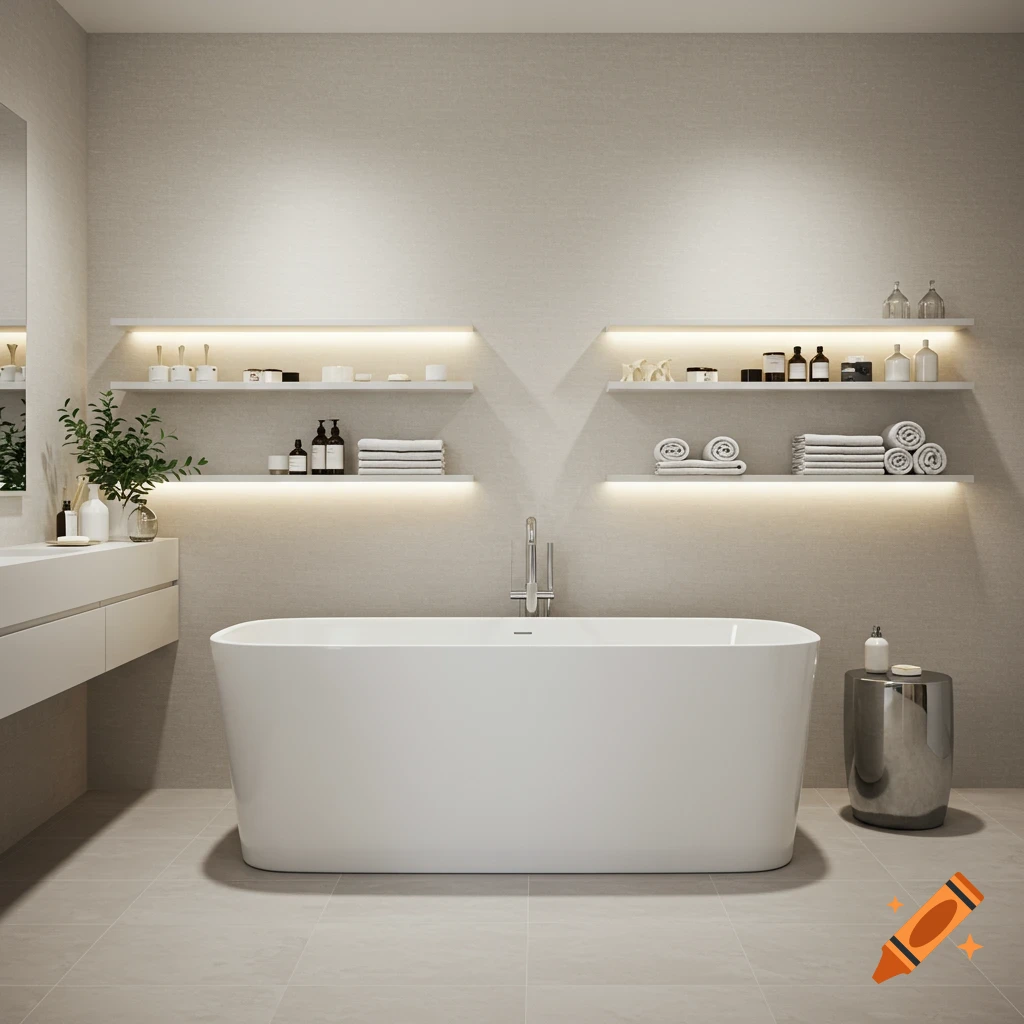 A modern, serene bathroom featuring a white rectangular freestanding tub, floating shelves with toiletries, and indirect LED lighting.