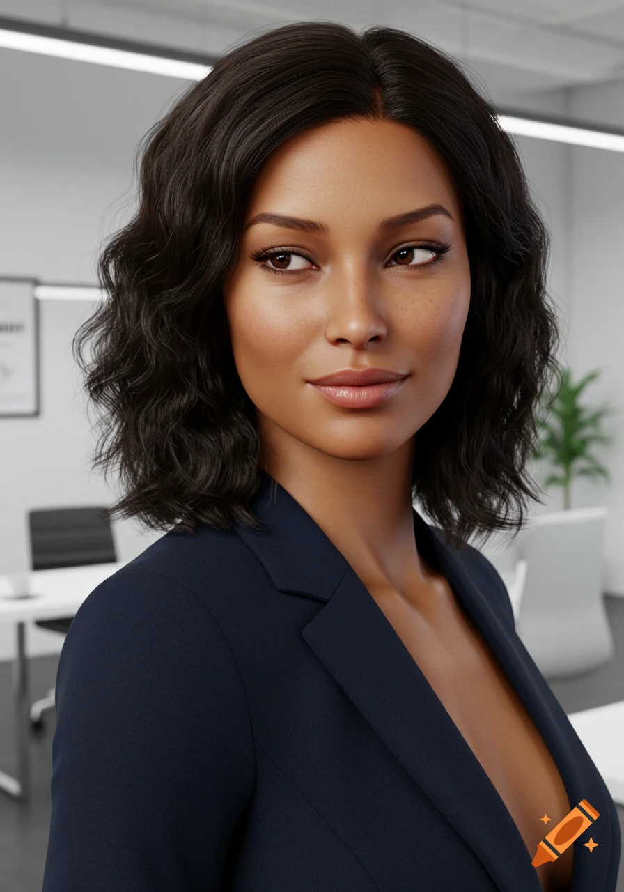 A photorealistic portrait of a biracial woman with dark wavy hair wearing a navy blazer in an office setting, looking away from the camera.