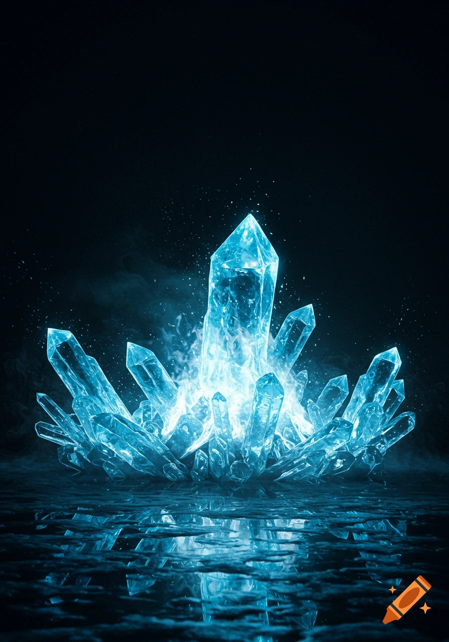 Vibrant blue ice crystals glow brightly, rising from a dark, reflective surface with ethereal mist.