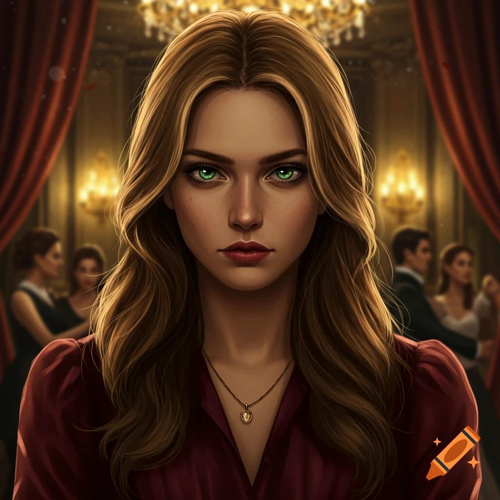 A captivating digital art portrait of a woman with long brown hair and intense green eyes, wearing a red top, in a lavish ballroom.
