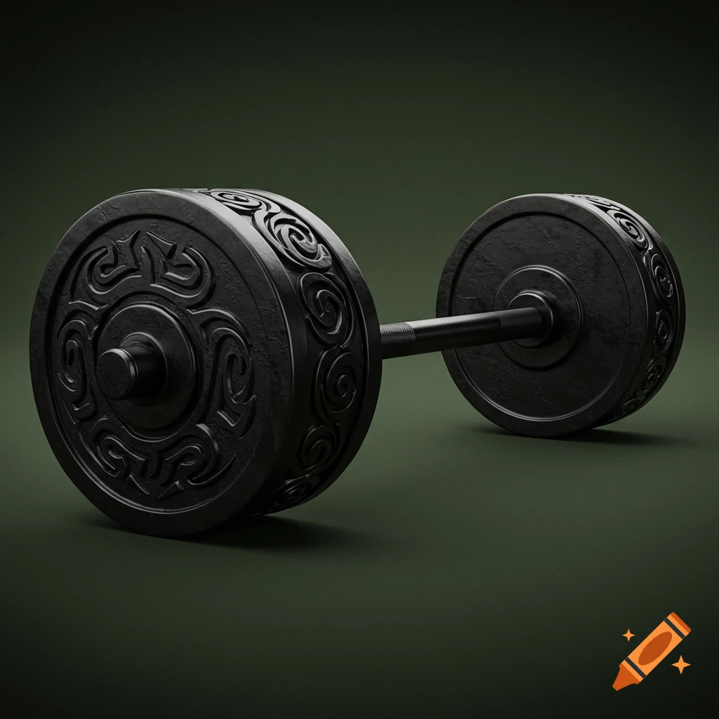 A dark, heavy-looking dumbbell with intricate black tribal patterns on its weight plates, set against a dark green background.