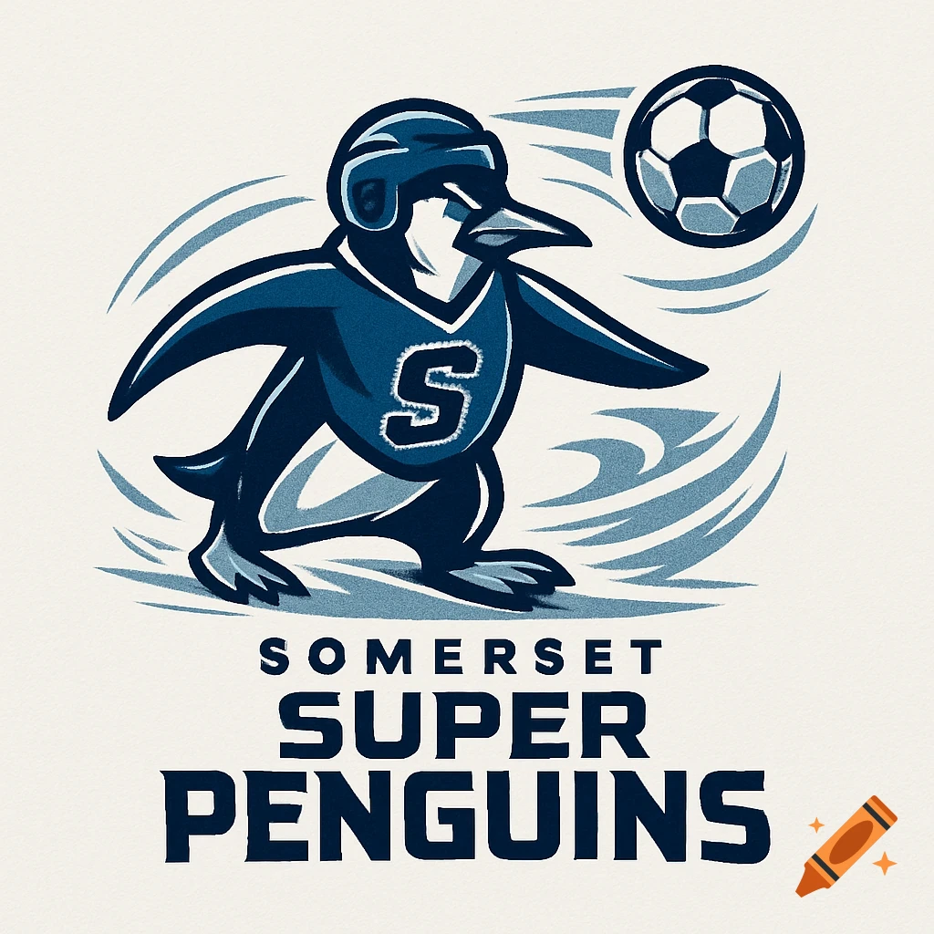 A blue and white sports logo of a penguin in a helmet and 'S' jersey kicking a soccer ball, with 'SOMERSET SUPER PENGUINS' text.