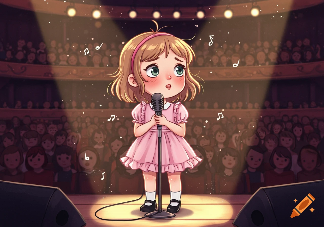 Cartoon little girl in a pink dress looking nervous, holding a microphone on stage in front of a large audience.