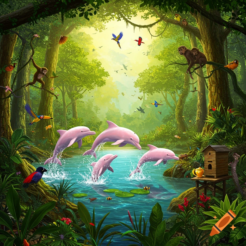 Vibrant illustration of a rainforest with pink dolphins jumping in a river, monkeys swinging, colorful birds flying, and a beehive.