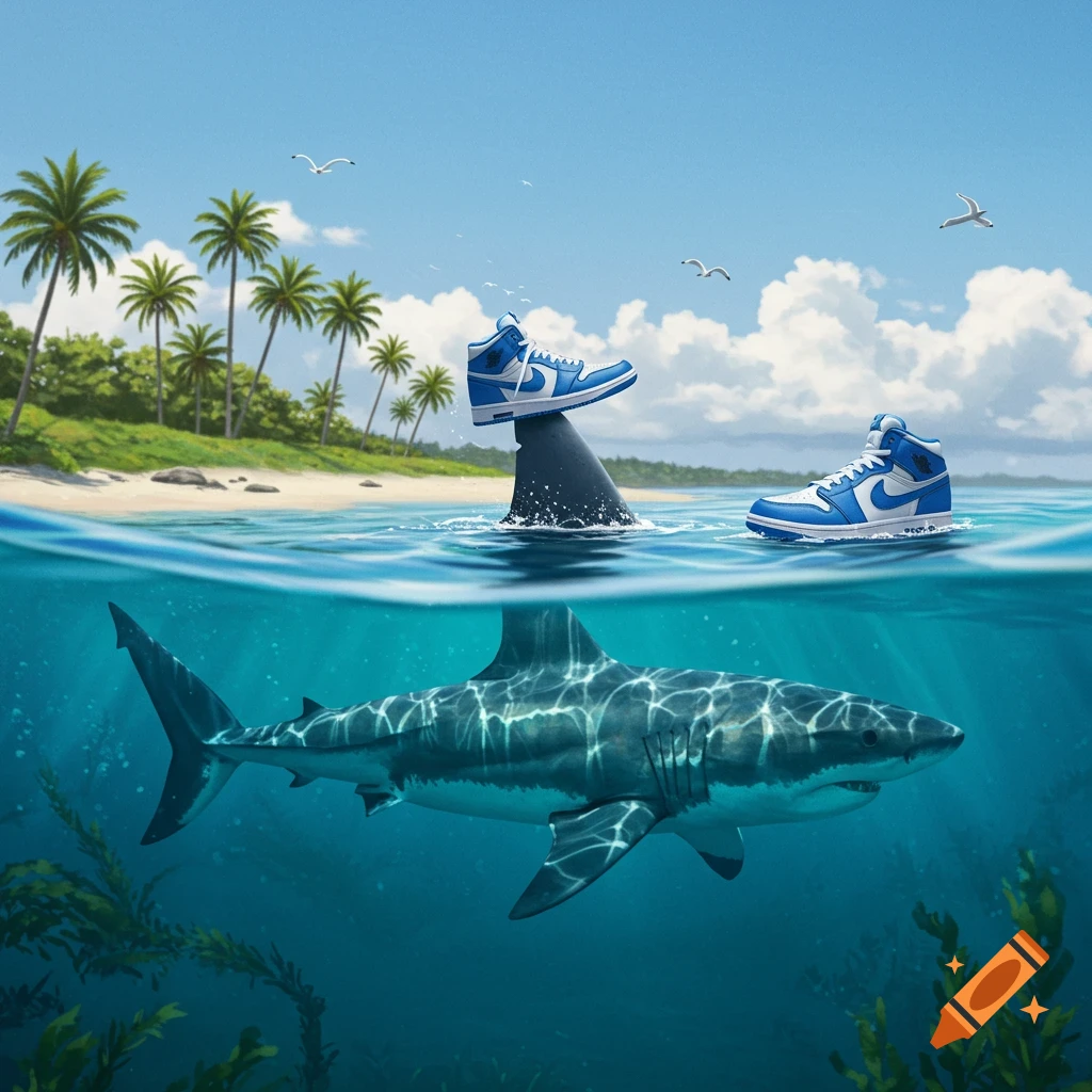 An underwater view of a great white shark with its fin balancing a blue and white Nike sneaker above water, near a sunny beach with palm trees.