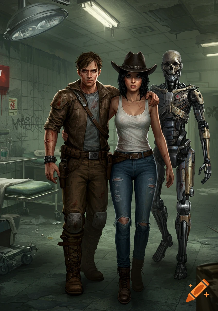 A man and woman with a robotic skeleton assist an injured man in a grimy, post-apocalyptic hospital, digital art style.