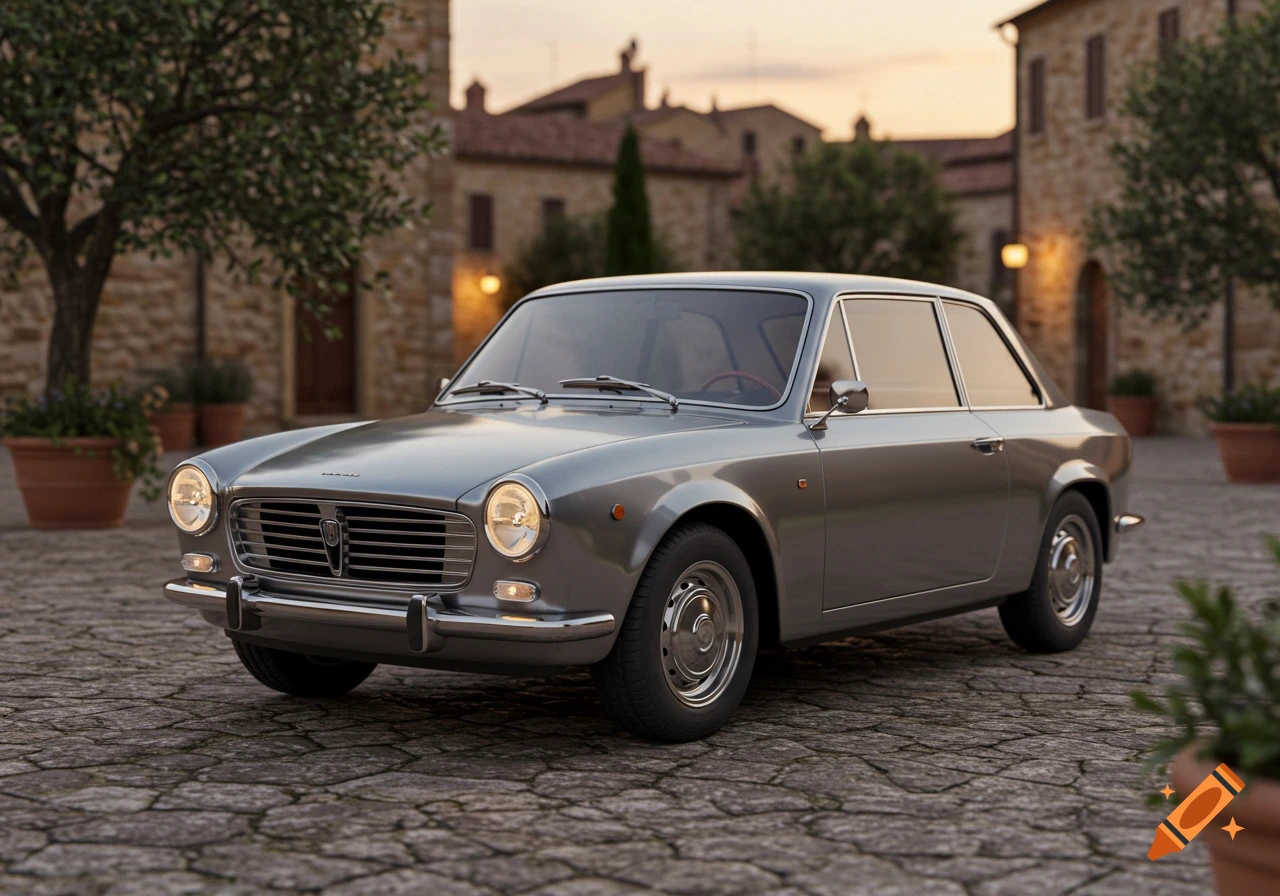 A classic silver two-door car is parked on a cobblestone road in a European village at dusk.