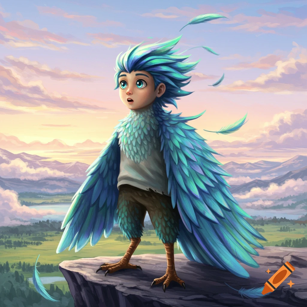 A cartoonish half-bird, half-boy creature with blue-green feathers and hair stands on a cliff overlooking a valley at sunset.