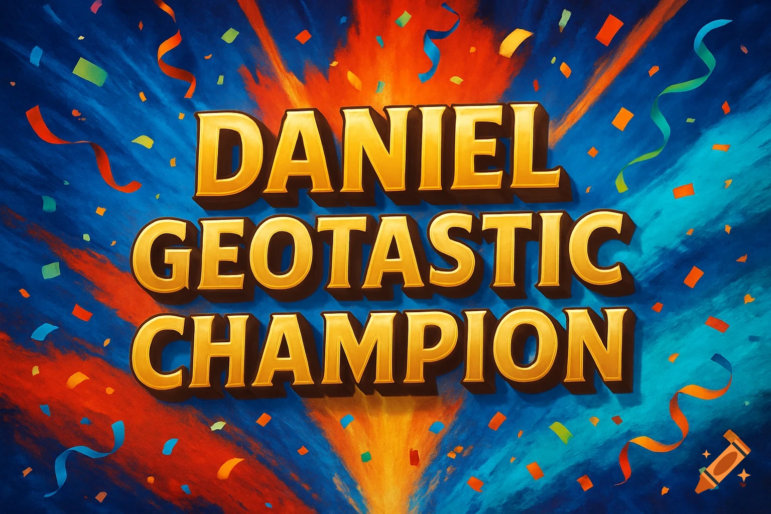Golden 3D text 'DANIEL GEOTASTIC CHAMPION' on a vibrant blue and orange background with confetti and streamers.