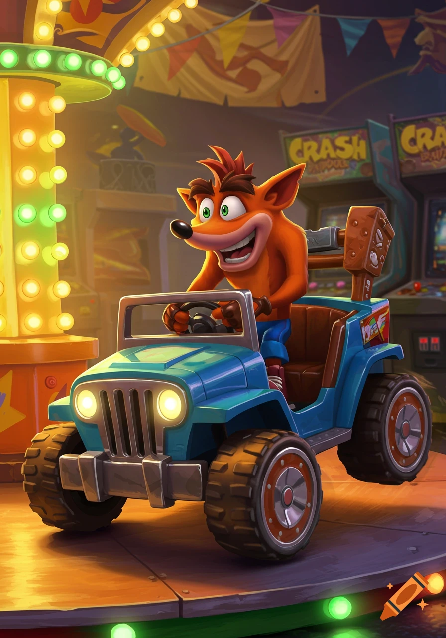 Crash Bandicoot happily driving a blue jeep kiddie ride in an arcade setting, in a cartoon style.