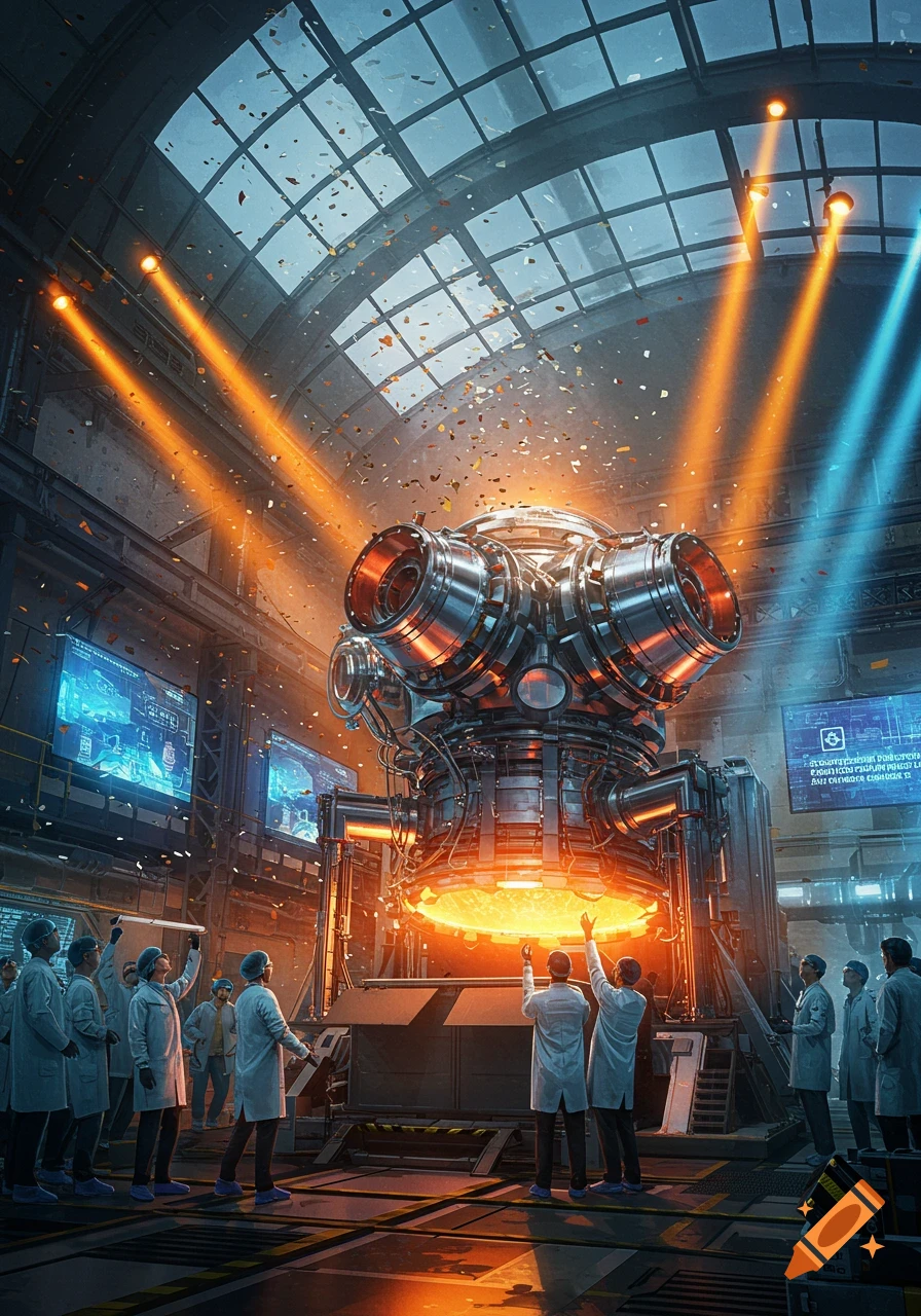 Scientists in a futuristic lab celebrate the activation of a glowing reactor with confetti falling.