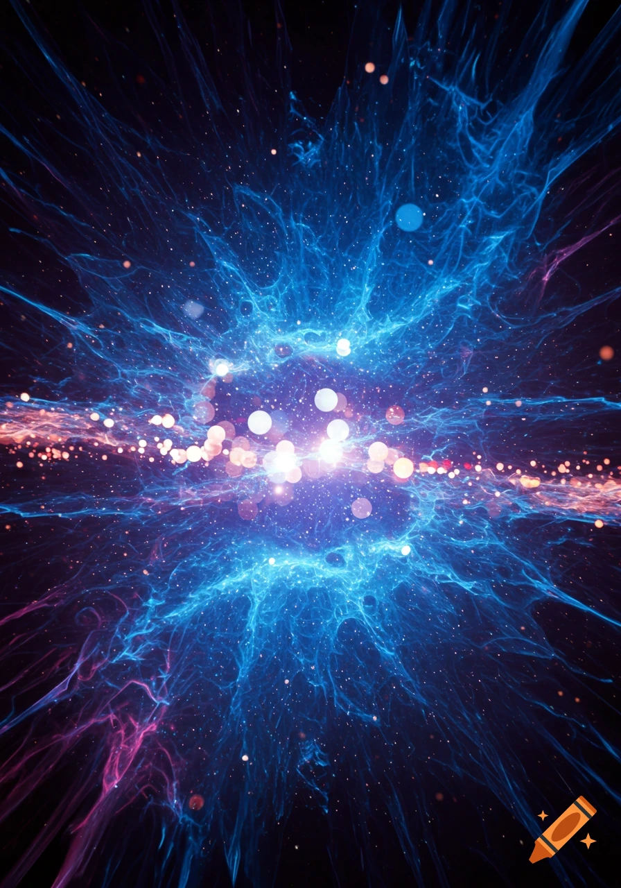 Vibrant abstract blue and pink light explosion with glowing bokeh effects against a dark background.