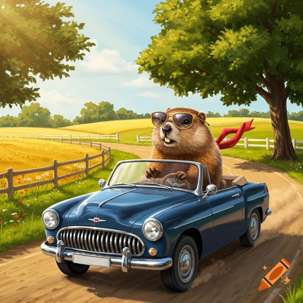A cartoon groundhog wearing sunglasses and a red scarf drives a blue convertible car down a sunny country road.