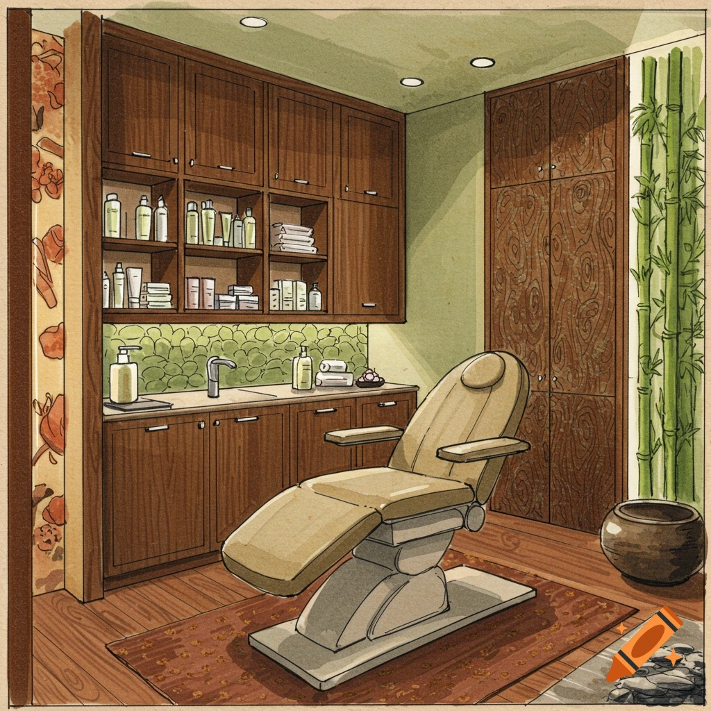 Hand-sketched watercolor of an Eastern-inspired facial treatment room with a beige chair, wooden cabinets, sink, and bamboo accents.