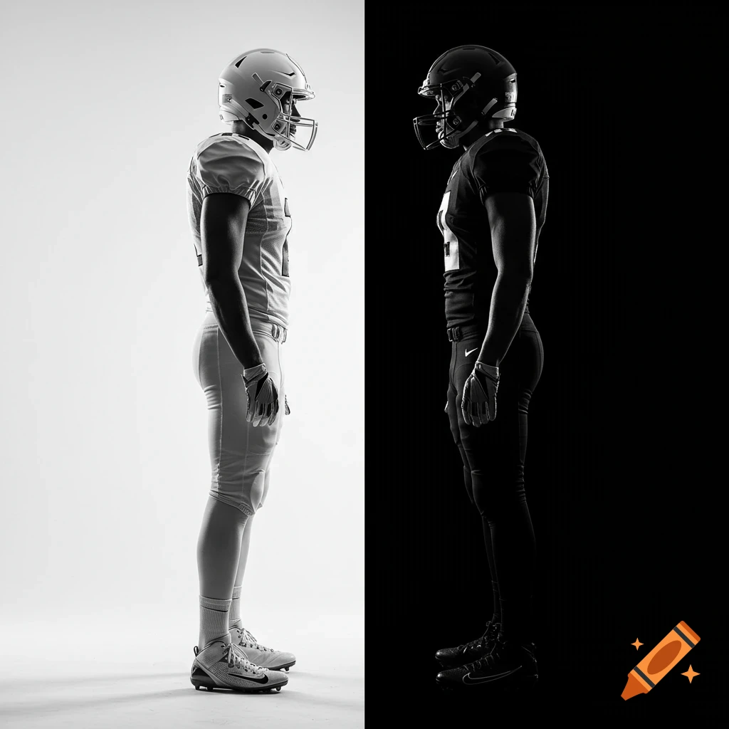 Photorealistic side view of two American football players; one in a white uniform on a white background, one in a black uniform on a black background, facing each other.